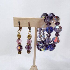 Purple Multifaceted Beaded Bracelet & Vintage Mid Century Clip-on Earrings